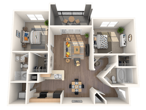 Floor plan for 2 beds, 2 baths, 1128 sqft